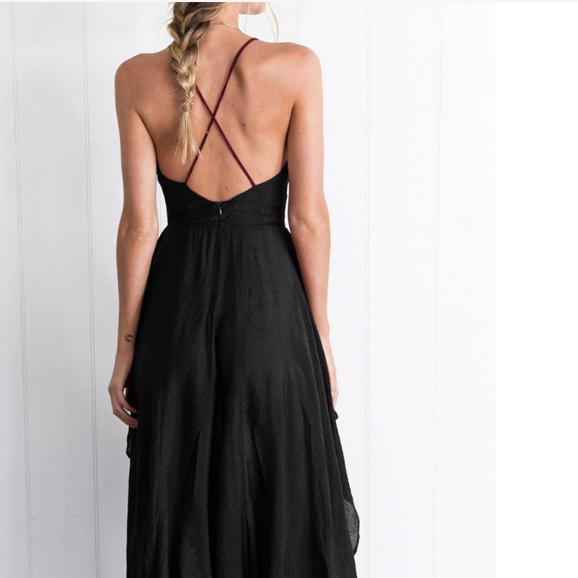 cross-border  summer european and american style women's camisole v-neck asymmetrical hem sexy maxi dress