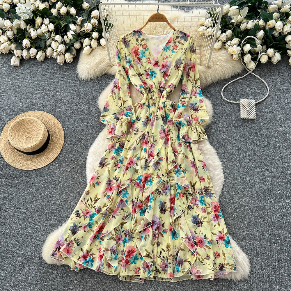 French retro v-neck long sleeve floral chiffon dress - women's  autumn collection - cinched waist, elegant ruffle hem maxi dress