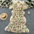 French retro v-neck long sleeve floral chiffon dress - women's  autumn collection - cinched waist, elegant ruffle hem maxi dress