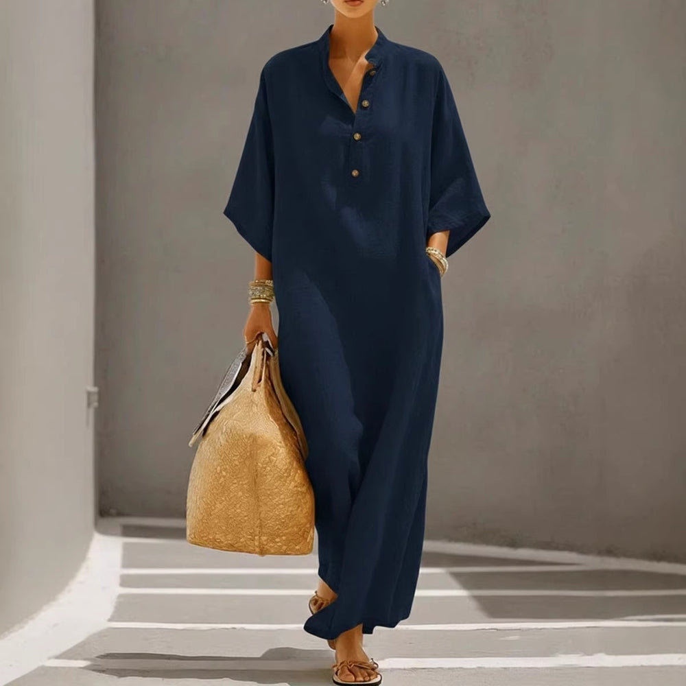 fashion women's summer fashionloose stand collar buttons mid-sleeve long vacation style shirt dress