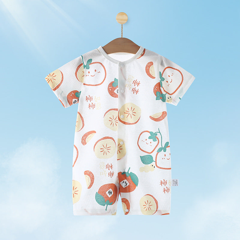 Baby short-sleeve snap-crotch romper, infant home air conditioning suit, breathable mesh crawling jumpsuit for 0-2 year olds