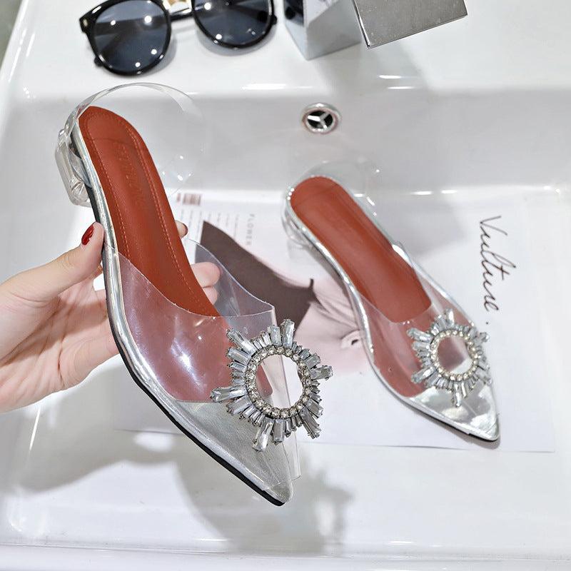 Women's sandals 2023 summer new collection: closed-toe pointed-toe slip-on pvc sexy metal-embellished lady shoes - fashion