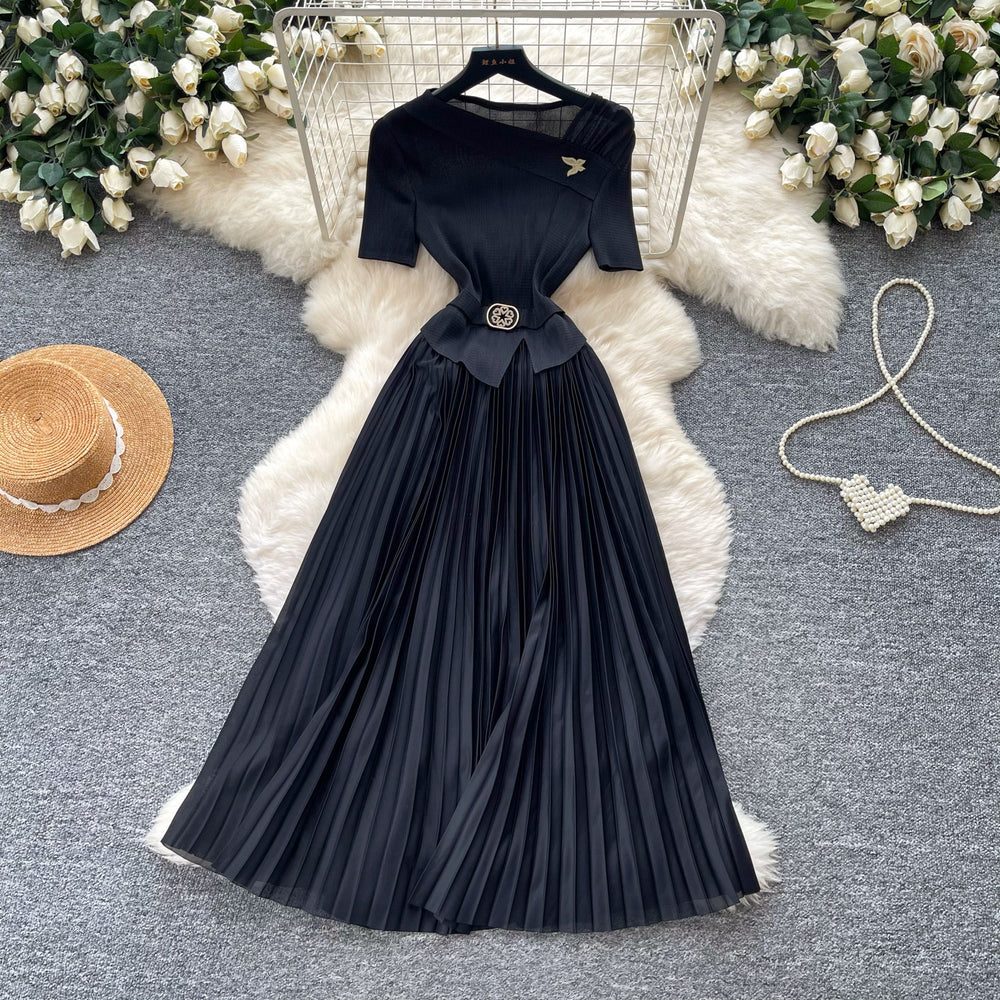 Sense of design classyelegance green dress for women summer short-sleeved high waist waist pleated long skirt light mature style work clothing