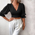 fashionelegant women's clothing elegancev-neck silmelegant puff sleeves pure colorshort women's pullovertops