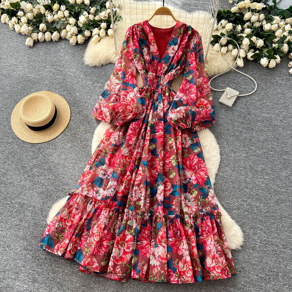 French retro v-neck lantern sleeve printed dress - women's  autumn collection - cinched waist, elegant ruffle hem maxi dress