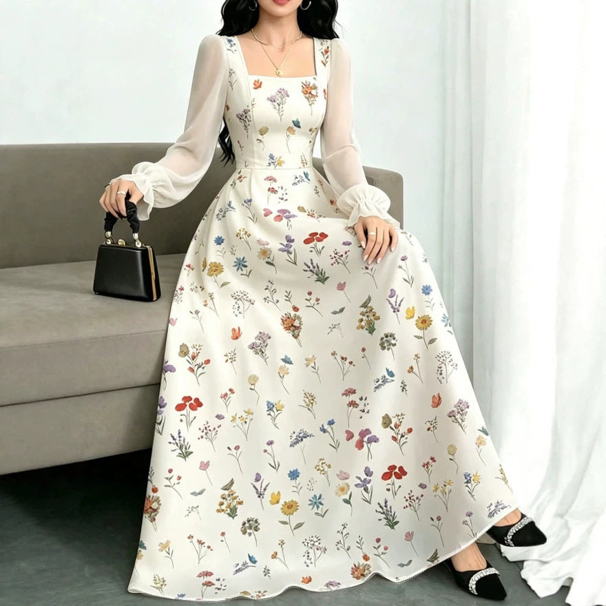 european and american new arrival: white base, multi-colored floral print, square neck, chiffon bubble long sleeve, cinched waist, maxi swing dress