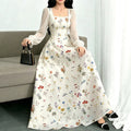 european and american new arrival: white base, multi-colored floral print, square neck, chiffon bubble long sleeve, cinched waist, maxi swing dress