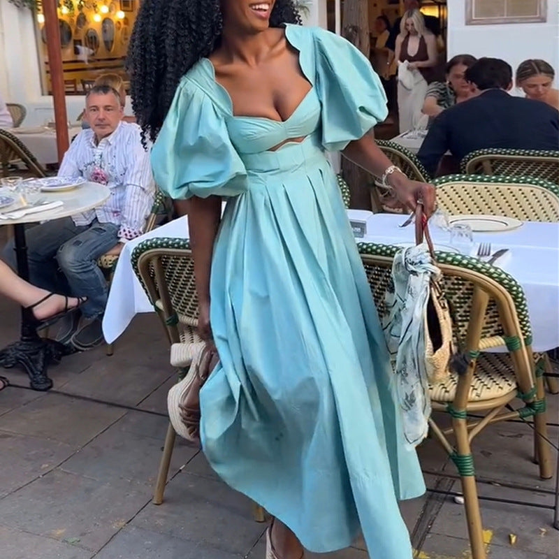European and american cross-border women's fashion:  summer new arrivals - sexy and elegant square neck, puff sleeve, high-waisted midi dress