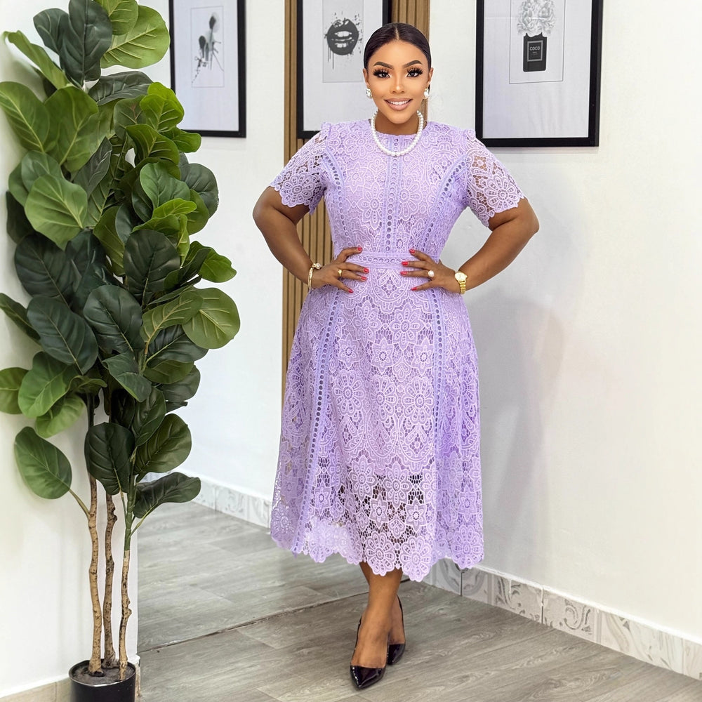 Niche styleretroclassy round neck lotus leaf sleeve lacedress female summernew arrivalslimming lookeleganceelegance long skirt