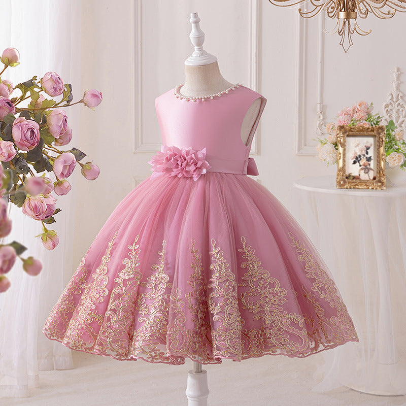 Girls' princess dress - sweet style, european & american chic, runway-inspired gown, flower girl wedding dress, round neck, children's mid-length, customizable