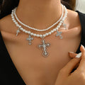 Double-layered imitation pearl necklace wholesale european and american cross-border accessible luxury high-end diamond-encrusted cross pendant clavicle chain