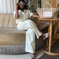 European and american cross-border women's fashion  autumn/winter new collection: stylish turn-down collar solid color short-sleeve shirt and wide-leg casual pants set
