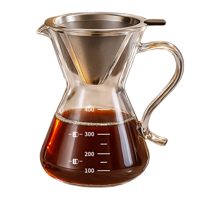 Glass pour-over coffee maker with stainless steel filter, drip coffee filter cup, sharing carafe, coffee maker set