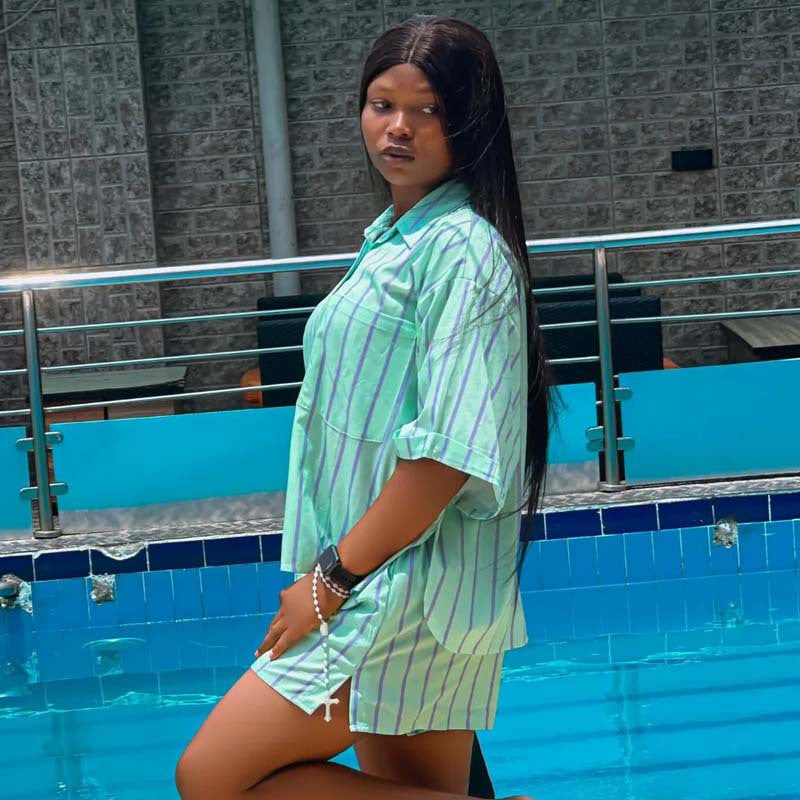 European and American casual women's clothing suit striped lapel cardigan shirt shorts African simple and generous short-sleeved two-piece set women