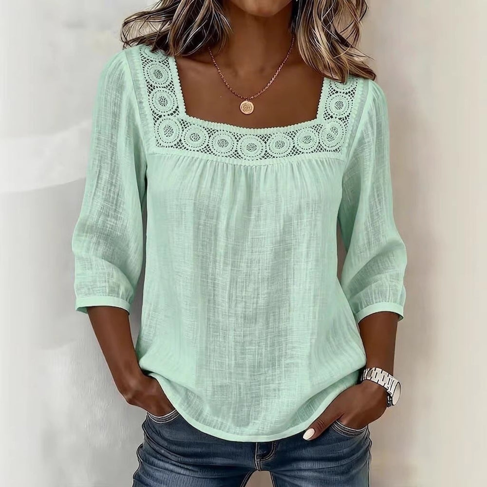 new cross-border  summer solid color casual square neck lace trimmed three-quarter sleeve cotton linen short-sleeve top for women