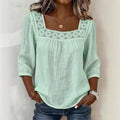 new cross-border  summer solid color casual square neck lace trimmed three-quarter sleeve cotton linen short-sleeve top for women