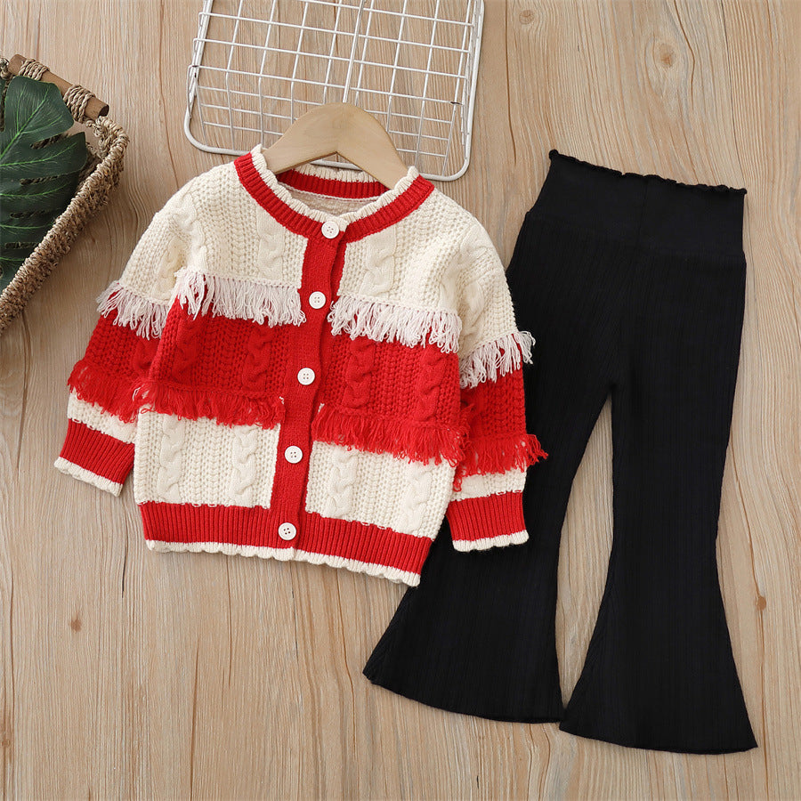 Girls' knit sweater and pants set - new autumn/winter  collection - handmade floral detail, cardigan sweater and pants outfit for little girls