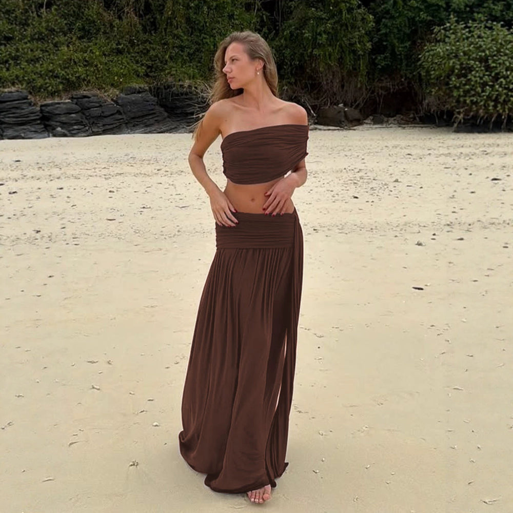 European and american women's clothing  summer new collection: solid color bandeau top, slim-fit strappy sexy ruched midi skirt set