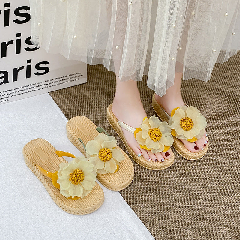 Sweet style chunky platform 4cm sunflower slides - women's summer beach sandals, anti-slip fashion slippers, soft sole shoes for students