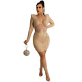X5656 cross-border   fashion sexy women's nightclub long sleeve rhinestone mesh see-through dress