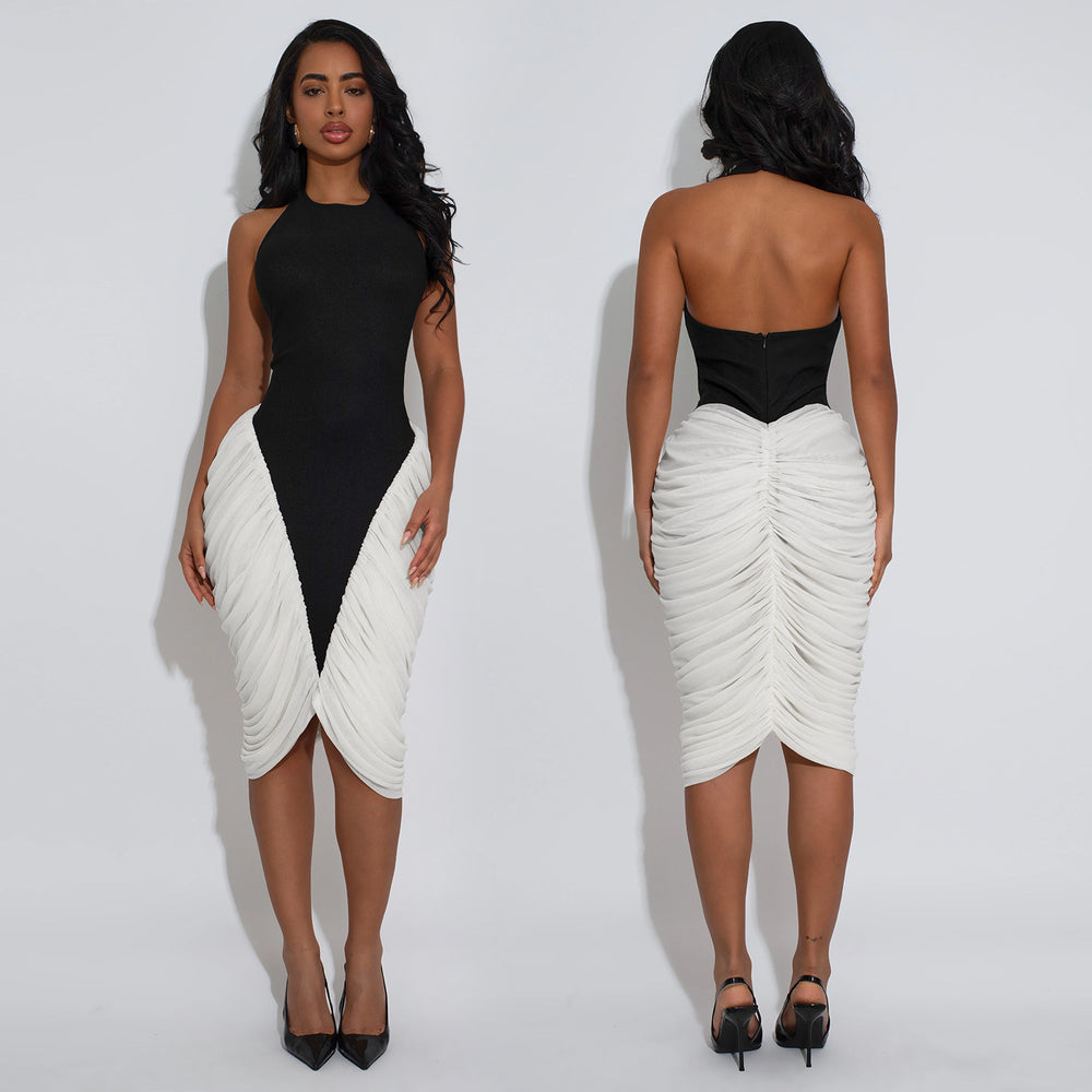 C7583 cross-border   fashion women's elegant light luxury textured ruched bodycon dress