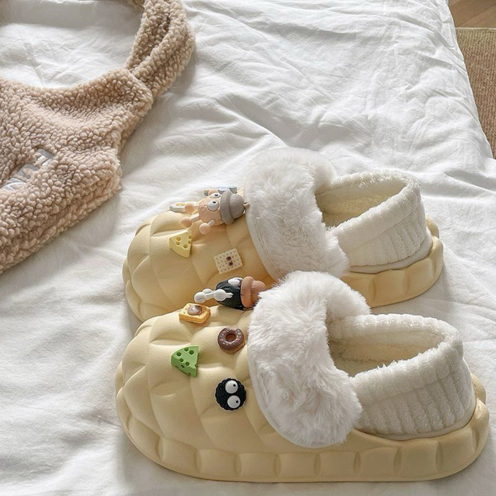 2025 cotton slippers - removable & washable, women's winter home & outdoor wear, thick sole, closed heel, fleece-lined, cartoon design, warm & cozy