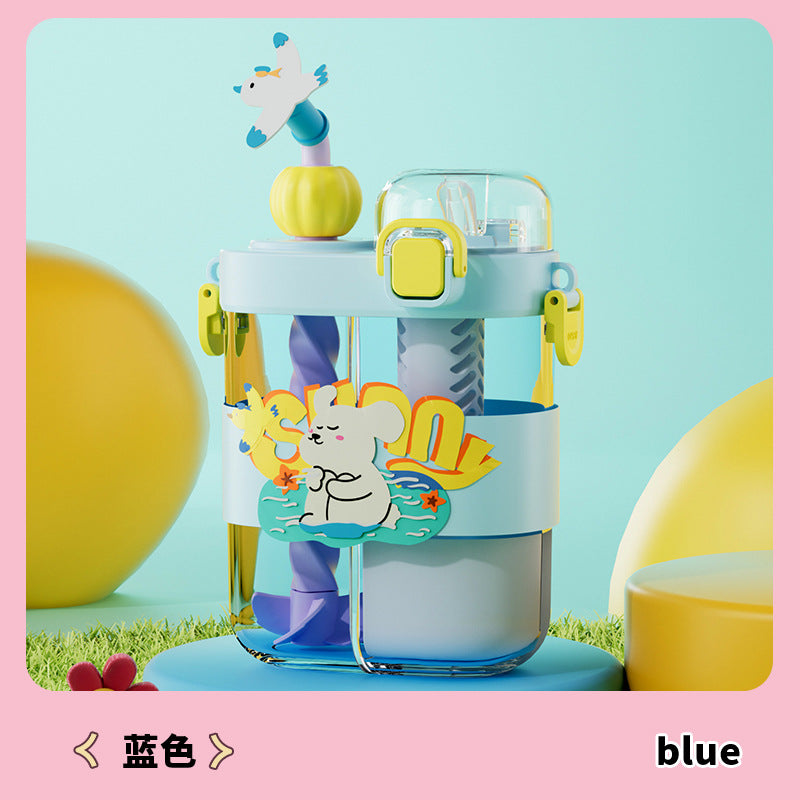 Kids' divided water bottle with stirring function, dual-drink straw cup, portable sports plastic water bottle for students