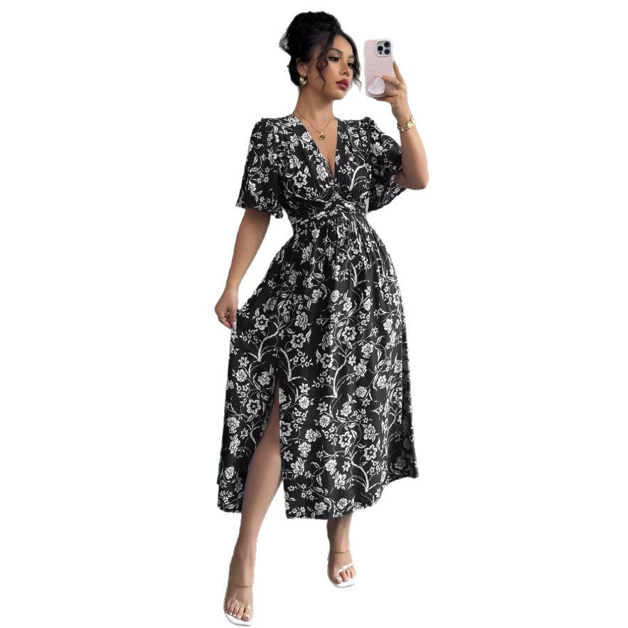 French v neck black floral dress  summer new arrivalretro silm slimming look gentle british style midi skirt