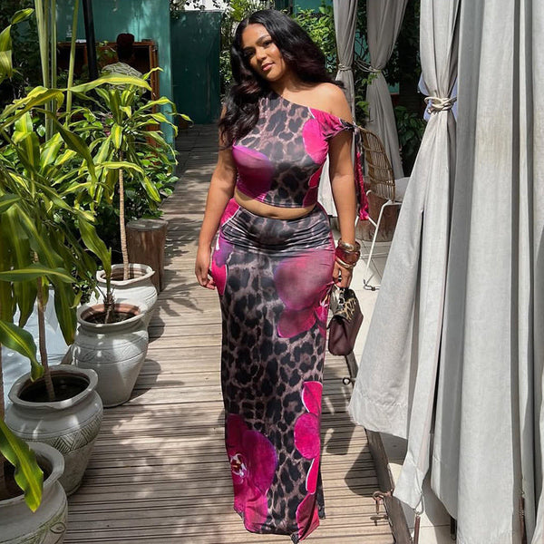 European and American style  elegant open-button hip-wrapped pleated skirt set diagonal collar shoulder two-piece set temperament printed women's clothing tide