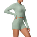 High-waisted, butt-lifting, form-fitting athletic shorts with a zip-up outer layer – a barely-there, casual running and fitness outfit set, perfect for yoga