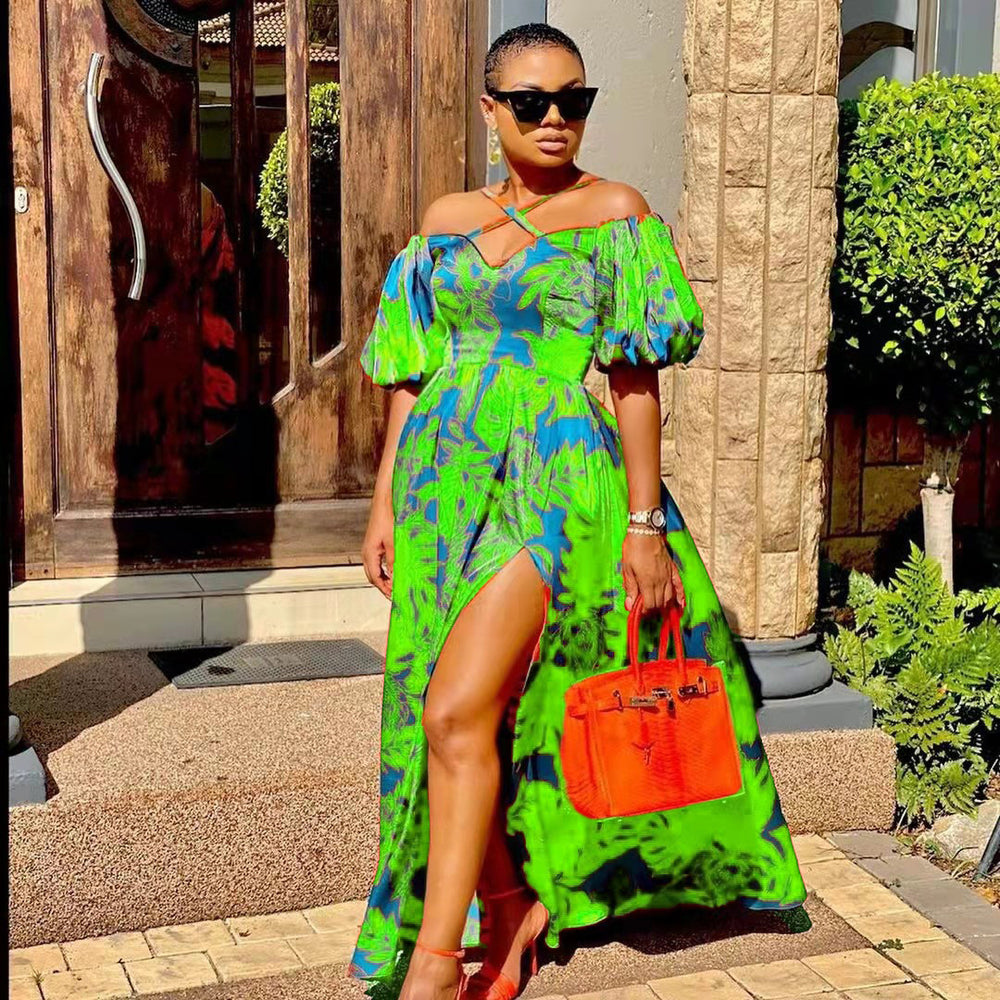 2025 new spring/summer cross-border amazon fashion: women's printed slit bandeau halter v-neck maxi dress