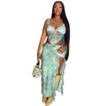 European and american style fashion print irregular top sexy camisole backless tie-up slit bodycon midi skirt set