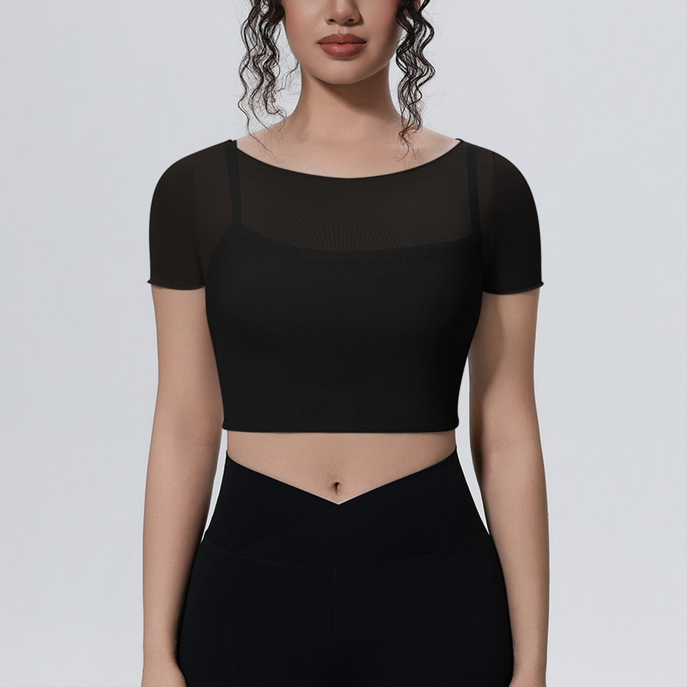 Fake two-piece mesh sports short-sleeved t-shirt for women with chest pad and navel-baring topsoutwear yoga quick-drying slimming look fitness clothes
