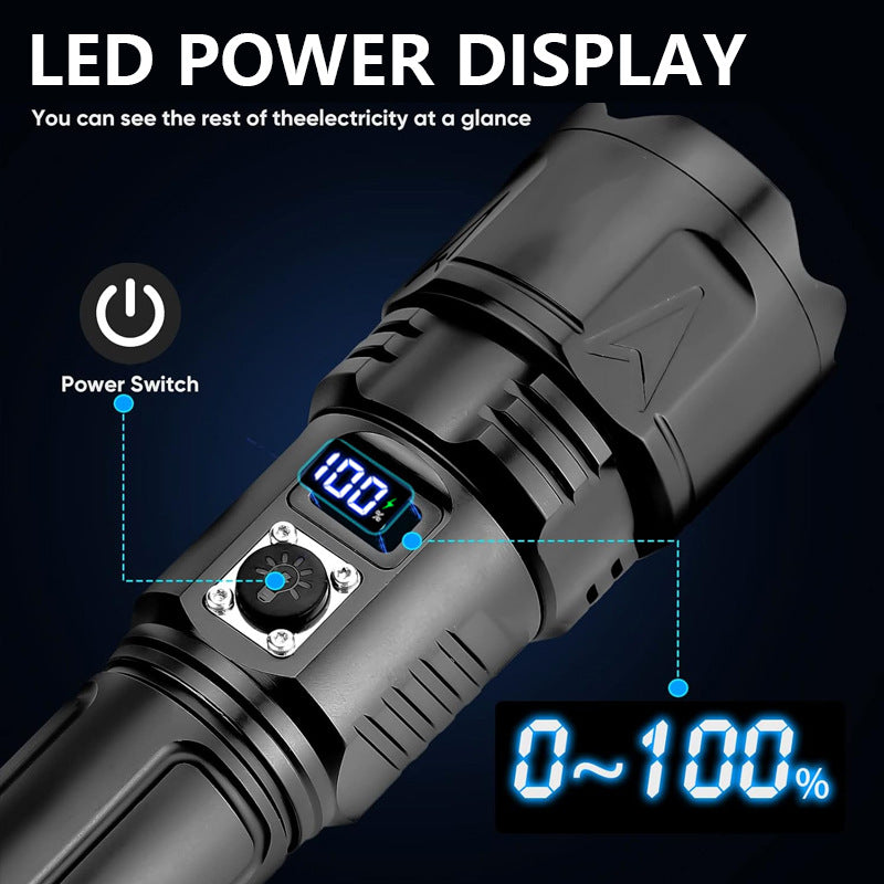 Cross-border Douyin strong light long-distance digital display flashlight outdoor charging super bright flashlight emergency flashlight factory wholesale