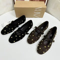 Za spain 2025 summer new arrival: single strap round toe rivet detail black brown suede ballet flats for women