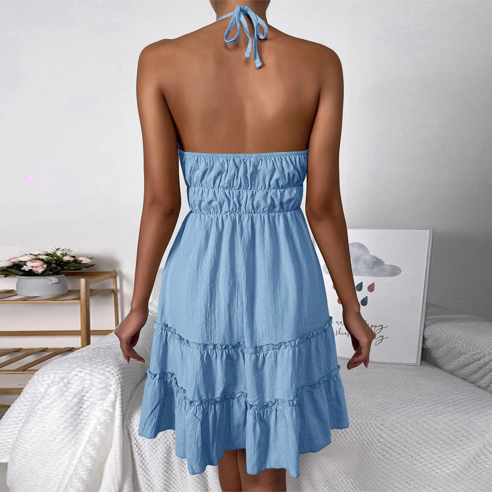 new cross-border european and american style mini dress - sexy backless halter neck sundress