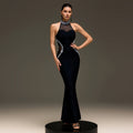 C7737 cross-border   fashion women's halter neck rhinestone mesh mermaid party dress