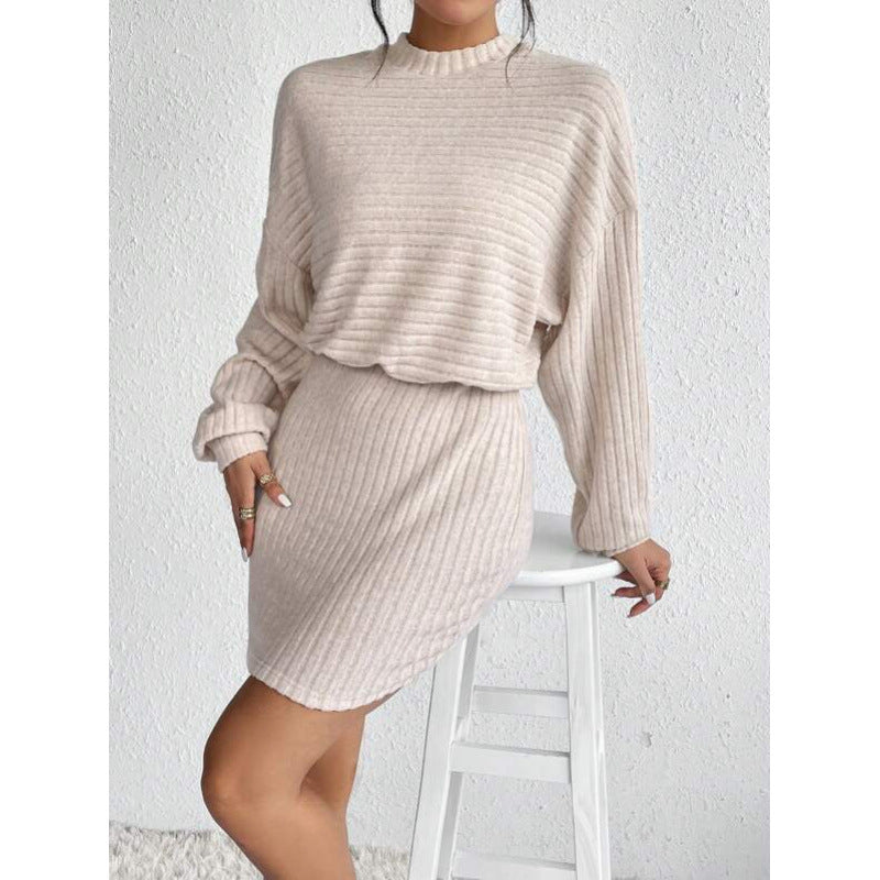 Women's knit set - long sleeve crewneck crop top and slim mini skirt outfit, autumn/winter collection