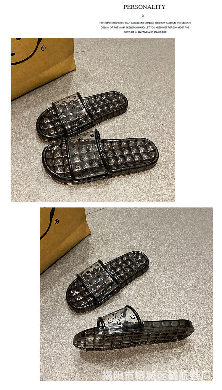Influencer-approved clear crystal slippers for women - summer outdoor wear, non-slip printed glass slippers, fairy-tale princess style, korean fashion