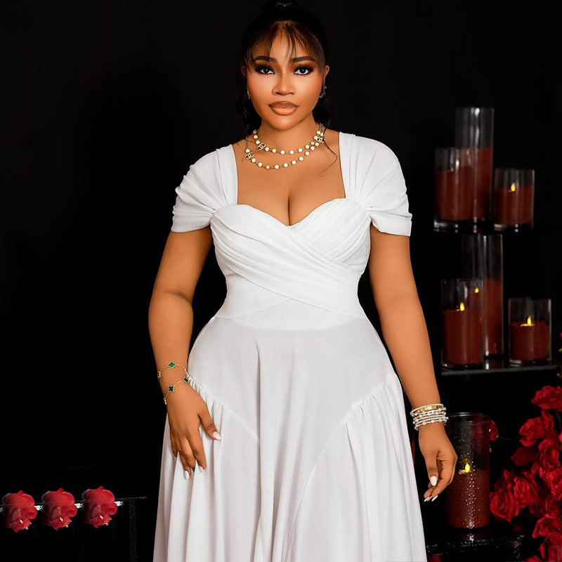 European and american style elegant women's solid color pleated a-line dress v-neck short sleeve slim fit backless maxi dress banquet gown