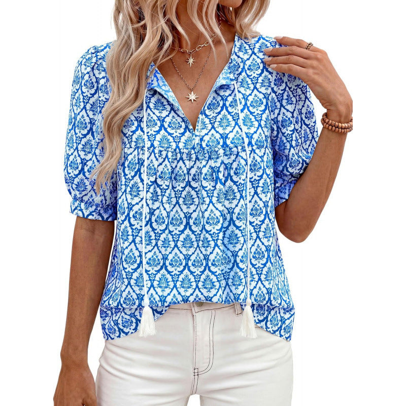 Bohemian chic short-sleeve shirt for women -  summer new arrival: tie-front v-neck printed loose-fit vacation top
