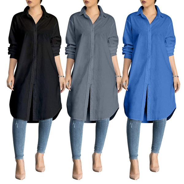 Foreign trade 2021  wish spring and summer new long-sleeved lapel pleated loose shirt long dress