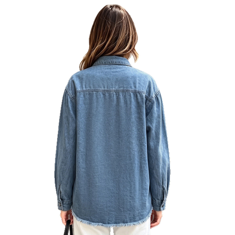 Fashion cross-border foreign trade denim long-sleeved shirt lapel double chest pocket raw edge loose shoulder style shirt outwear women