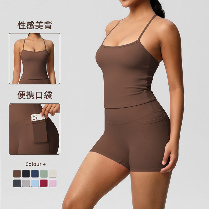 European and american style solid color cloud-feel yoga pants with pockets and breathable sports bra two-piece set for fitness and yoga