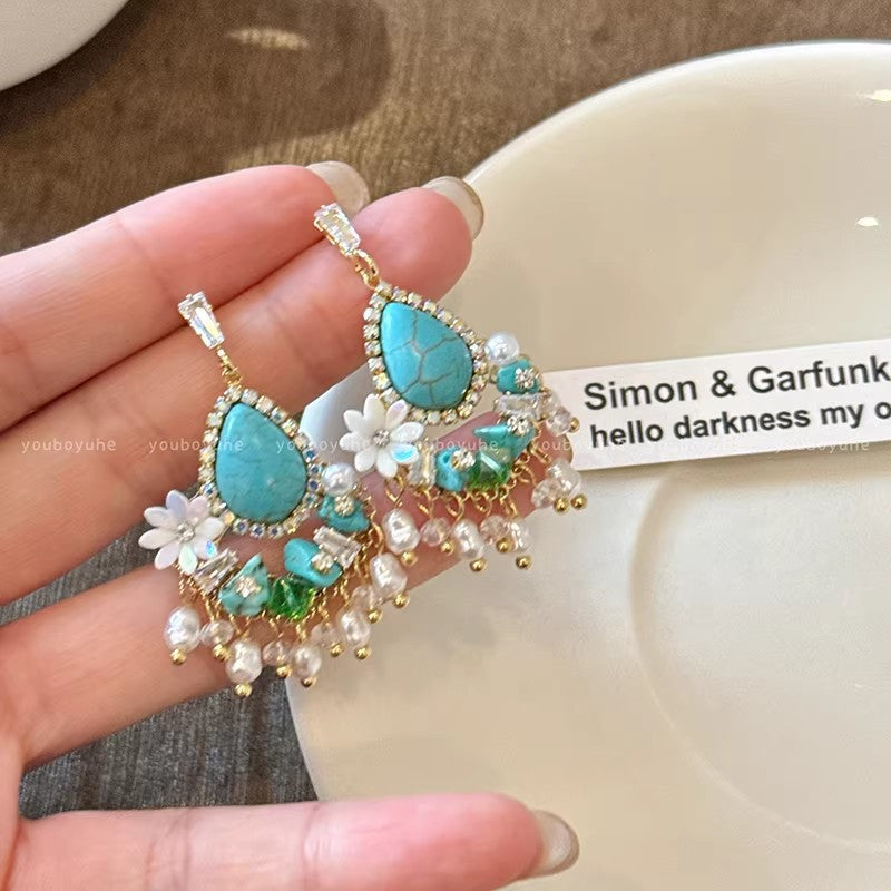 Spring ethnic style turquoise flower tassel earrings for women niche styleclassyelegant earrings seaside vacation earrings