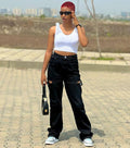 European and american cross-border women's fashion:  streetwear casual distressed patchwork jeans - high waist, straight leg, loose wide leg pants