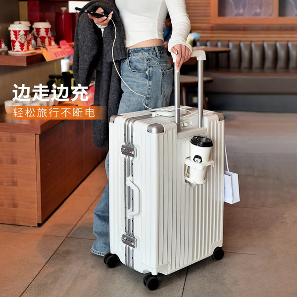 DULA high-value fashion cup holder USB charging aluminum frame luggage universal wheel female trolley case male travel boarding