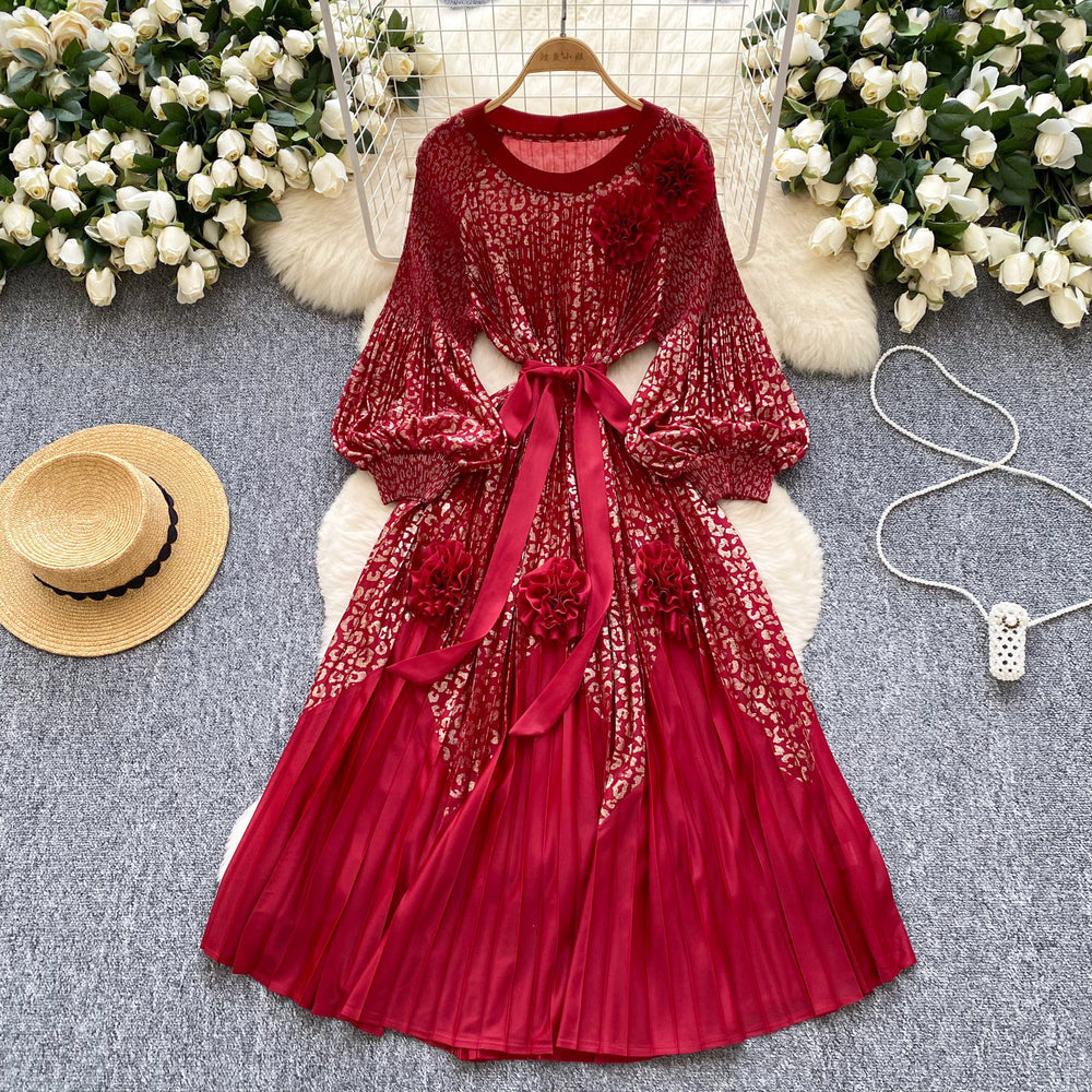 Palace style classyprinting lantern sleeve dress women's spring strap stereo flower pleated super fairy long skirt