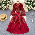 Palace style classyprinting lantern sleeve dress women's spring strap stereo flower pleated super fairy long skirt