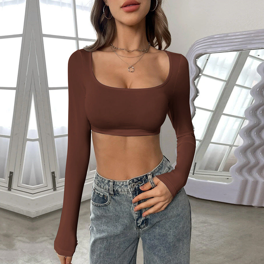 fall/winter new arrival: cross-border european & american style activewear cropped knit high-stretch long sleeve t-shirt top